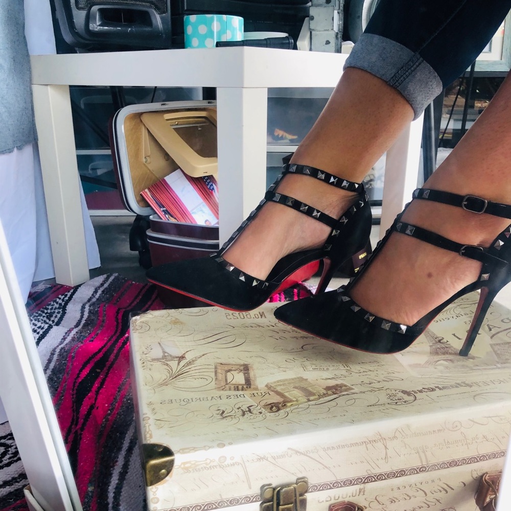 Black, suede studded heels by Wild Diva.